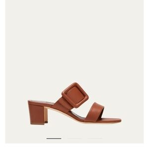 Manolo Blahnik Cognac Leather Buckle Slide Mules